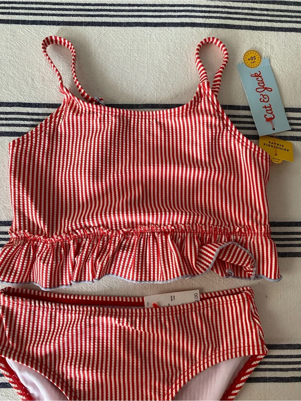 Cat & Jack Red and White Striped Ruffle Two-Piece Swim Set